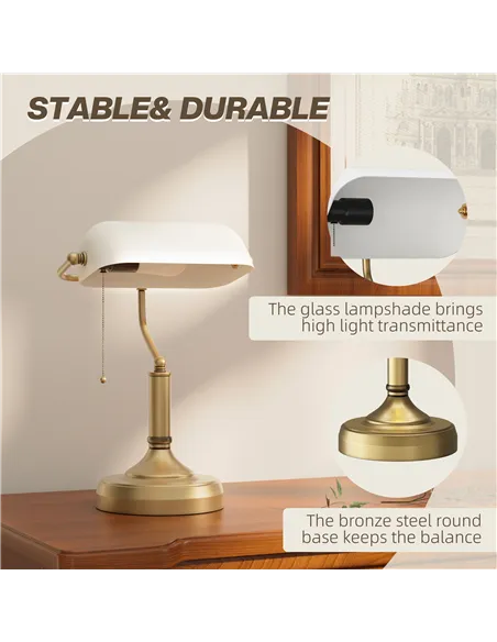 HOMCOM Banker's Desk Lamp with Antique Bronze Tone Base, Table Lamp with White Glass Shade for Home Office, White