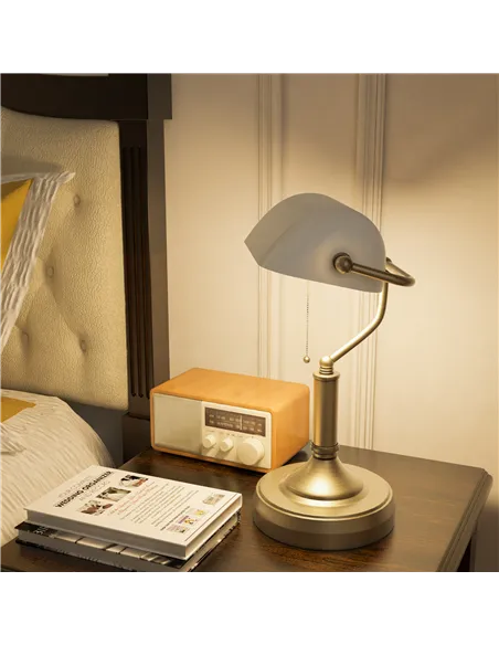 HOMCOM Banker's Desk Lamp with Antique Bronze Tone Base, Table Lamp with White Glass Shade for Home Office, White