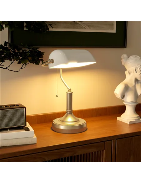 HOMCOM Banker's Desk Lamp with Antique Bronze Tone Base, Table Lamp with White Glass Shade for Home Office, White