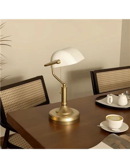 HOMCOM Banker's Desk Lamp with Antique Bronze Tone Base, Table Lamp with White Glass Shade for Home Office, White