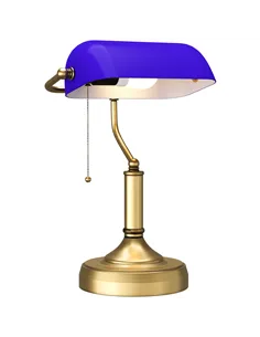 HOMCOM Banker's Desk Lamp with Antique Bronze Tone Base, Table Lamp with Blue Glass Shade for Home Office, Blue