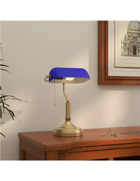 HOMCOM Banker's Desk Lamp with Antique Bronze Tone Base, Table Lamp with Blue Glass Shade for Home Office, Blue