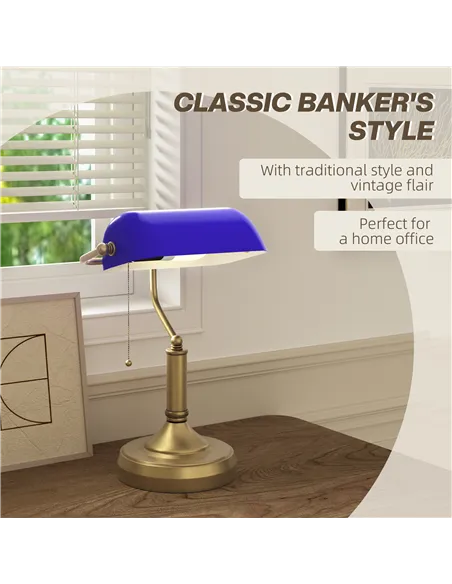 HOMCOM Banker's Desk Lamp with Antique Bronze Tone Base, Table Lamp with Blue Glass Shade for Home Office, Blue