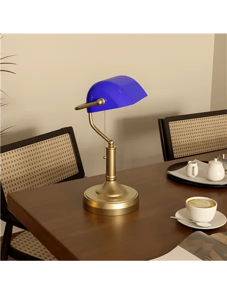 HOMCOM Banker's Desk Lamp with Antique Bronze Tone Base, Table Lamp with Blue Glass Shade for Home Office, Blue