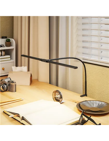 HOMCOM LED Desk Lamp with Clamp, Double Head Table Lamp with 3 Colour Modes & 10 Brightness Levels, Flexible Gooseneck Reading D