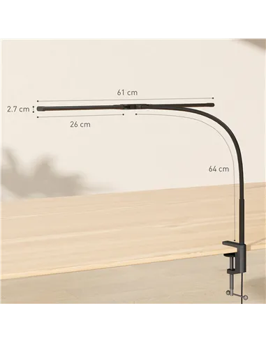 HOMCOM LED Desk Lamp with Clamp, Double Head Table Lamp with 3 Colour Modes & 10 Brightness Levels, Flexible Gooseneck Reading D