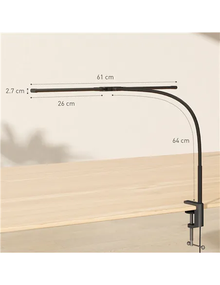 HOMCOM LED Desk Lamp with Clamp, Double Head Table Lamp with 3 Colour Modes & 10 Brightness Levels, Flexible Gooseneck Reading D