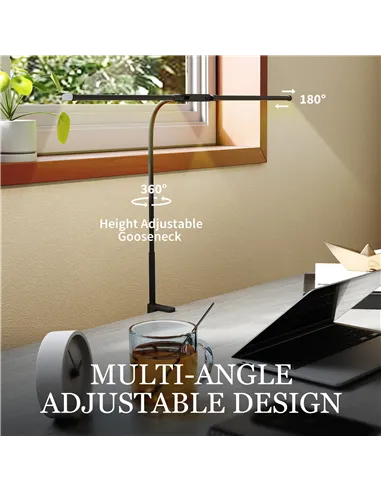 HOMCOM LED Desk Lamp with Clamp, Double Head Table Lamp with 3 Colour Modes & 10 Brightness Levels, Flexible Gooseneck Reading D