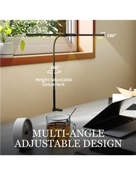 HOMCOM LED Desk Lamp with Clamp, Double Head Table Lamp with 3 Colour Modes & 10 Brightness Levels, Flexible Gooseneck Reading D