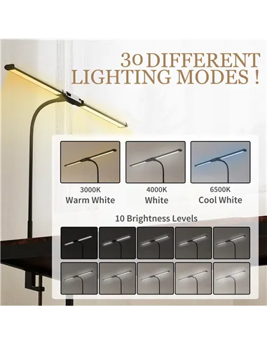 HOMCOM LED Desk Lamp with Clamp, Double Head Table Lamp with 3 Colour Modes & 10 Brightness Levels, Flexible Gooseneck Reading D