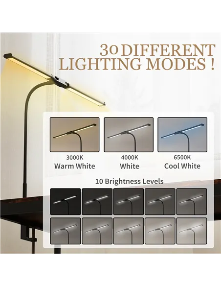 HOMCOM LED Desk Lamp with Clamp, Double Head Table Lamp with 3 Colour Modes & 10 Brightness Levels, Flexible Gooseneck Reading D