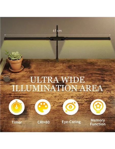 HOMCOM LED Desk Lamp with Clamp, Double Head Table Lamp with 3 Colour Modes & 10 Brightness Levels, Flexible Gooseneck Reading D