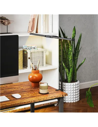 HOMCOM LED Desk Lamp with Clamp, Double Head Table Lamp with 3 Colour Modes & 10 Brightness Levels, Flexible Gooseneck Reading D