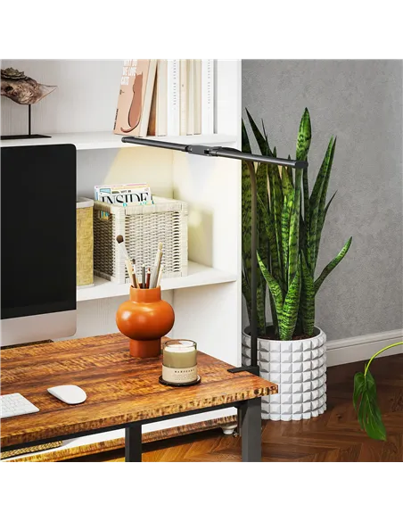 HOMCOM LED Desk Lamp with Clamp, Double Head Table Lamp with 3 Colour Modes & 10 Brightness Levels, Flexible Gooseneck Reading D