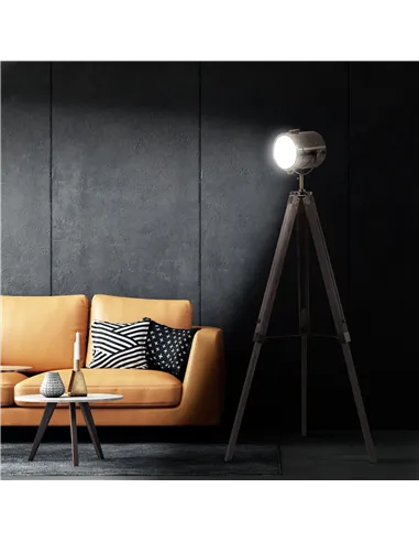 HOMCOM Industrial Tripod Floor Lamp, Nautical Searchlight with Adjustable Height, Wood Legs, E14 Lamp Base for Living Room, Bedr