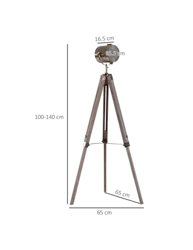 HOMCOM Industrial Tripod Floor Lamp, Nautical Searchlight with Adjustable Height, Wood Legs, E14 Lamp Base for Living Room, Bedr