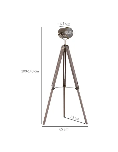 HOMCOM Industrial Tripod Floor Lamp, Nautical Searchlight with Adjustable Height, Wood Legs, E14 Lamp Base for Living Room, Bedr