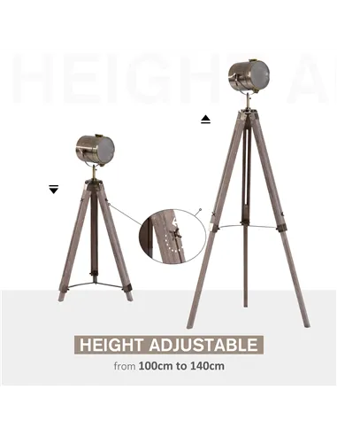 HOMCOM Industrial Tripod Floor Lamp, Nautical Searchlight with Adjustable Height, Wood Legs, E14 Lamp Base for Living Room, Bedr
