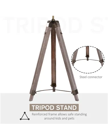 HOMCOM Industrial Tripod Floor Lamp, Nautical Searchlight with Adjustable Height, Wood Legs, E14 Lamp Base for Living Room, Bedr