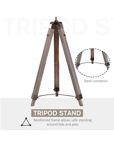 HOMCOM Industrial Tripod Floor Lamp, Nautical Searchlight with Adjustable Height, Wood Legs, E14 Lamp Base for Living Room, Bedr