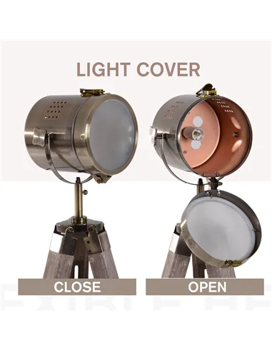 HOMCOM Industrial Tripod Floor Lamp, Nautical Searchlight with Adjustable Height, Wood Legs, E14 Lamp Base for Living Room, Bedr