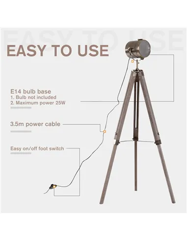 HOMCOM Industrial Tripod Floor Lamp, Nautical Searchlight with Adjustable Height, Wood Legs, E14 Lamp Base for Living Room, Bedr