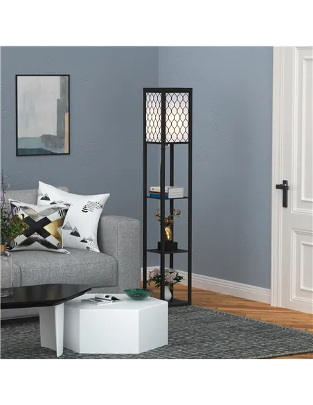 HOMCOM Shelf Floor Lamp Standing Lamp W/4-tier Wooden Open Shelves,26L x 26W x 160Hcm-Black/White