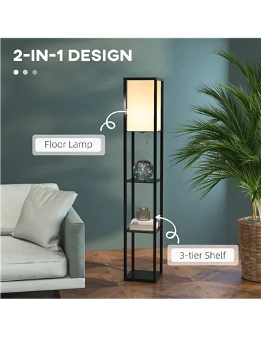 HOMCOM Floor Lamp with Shelves and Top Light, Modern Corner Standing Lamp for Living Room, Bedroom, Bulb not Included, Black