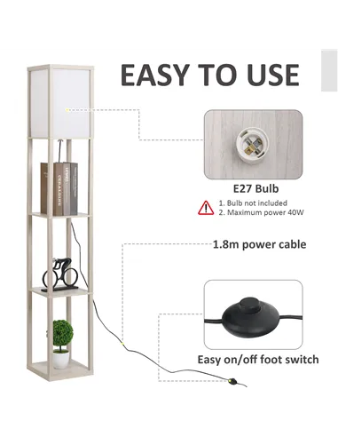 HOMCOM 3-Tier Floor Lamp, Floor Light with Storage Shelf, Reading Standing Lamp with Acrylic Shade for Living Room, Bedroom, Kit
