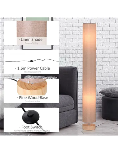 HOMCOM Floor Lamp for Living Room, 120cm Modern Standing Lamp with Linen Shade and Wooden Base, Cream