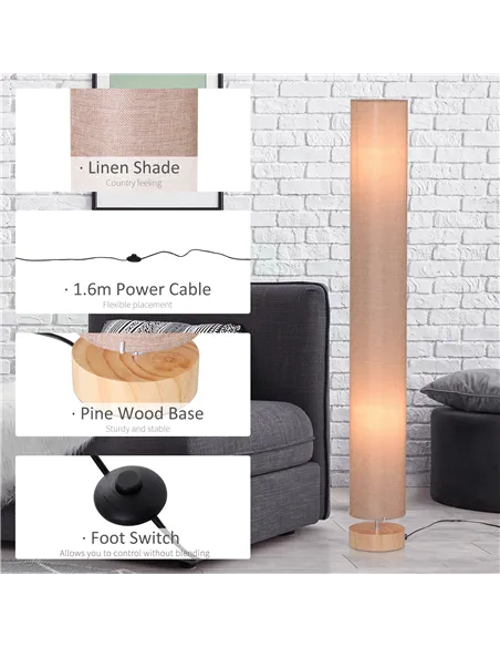 HOMCOM Floor Lamp for Living Room, 120cm Modern Standing Lamp with Linen Shade and Wooden Base, Cream
