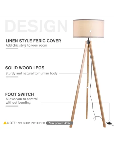 HOMCOM Floor Lamp with Elegant Wood Tripod, Free Standing E27 Bulb Lamp Versatile Use For Home Office - Beige