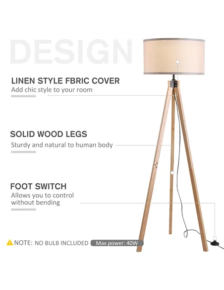 HOMCOM Floor Lamp with Elegant Wood Tripod, Free Standing E27 Bulb Lamp Versatile Use For Home Office - Beige