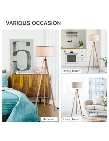 HOMCOM Floor Lamp with Elegant Wood Tripod, Free Standing E27 Bulb Lamp Versatile Use For Home Office - Beige
