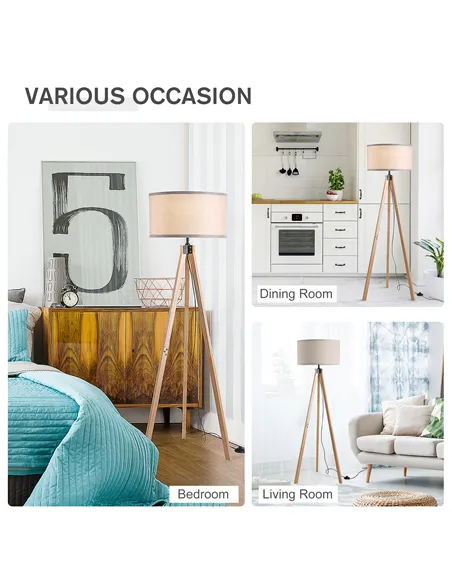 HOMCOM Floor Lamp with Elegant Wood Tripod, Free Standing E27 Bulb Lamp Versatile Use For Home Office - Beige