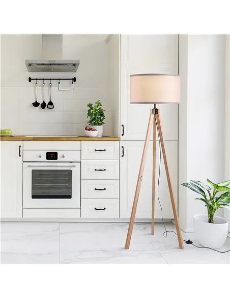 HOMCOM Floor Lamp with Elegant Wood Tripod, Free Standing E27 Bulb Lamp Versatile Use For Home Office - Beige