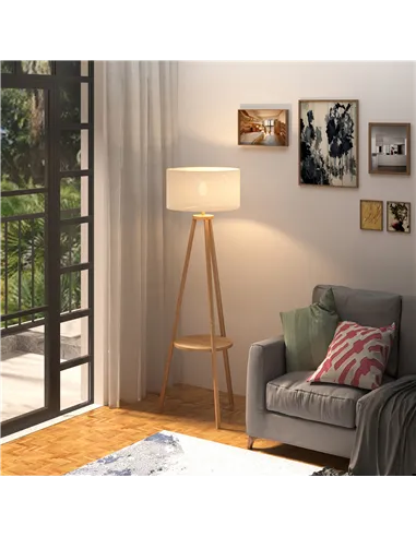 HOMCOM Tripod Floor Lamp, Freestanding Bedside Light Reading Light with Storage Shelf and Linen Shade for Living Room Bedroom, 1