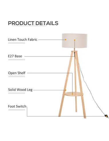 HOMCOM Tripod Floor Lamp, Freestanding Bedside Light Reading Light with Storage Shelf and Linen Shade for Living Room Bedroom, 1