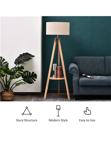 HOMCOM Tripod Floor Lamp, Freestanding Bedside Light Reading Light with Storage Shelf and Linen Shade for Living Room Bedroom, 1