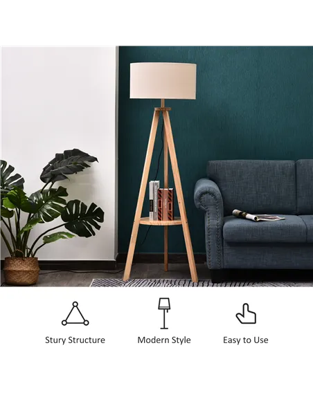 HOMCOM Tripod Floor Lamp, Freestanding Bedside Light Reading Light with Storage Shelf and Linen Shade for Living Room Bedroom, 1