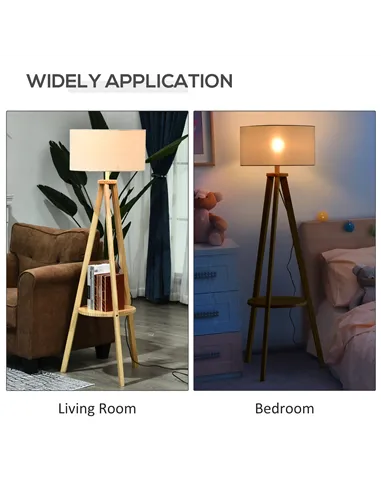 HOMCOM Tripod Floor Lamp, Freestanding Bedside Light Reading Light with Storage Shelf and Linen Shade for Living Room Bedroom, 1