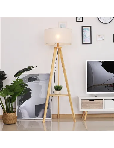 HOMCOM Tripod Floor Lamp, Freestanding Bedside Light Reading Light with Storage Shelf and Linen Shade for Living Room Bedroom, 1