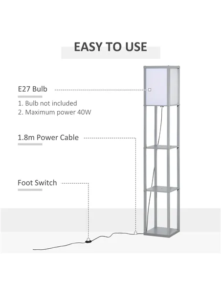 HOMCOM 3-Tier Floor Lamp, Floor Light with Storage Shelf, Reading Standing Lamp with Acrylic Shade for Living Room, Bedroom, Kit