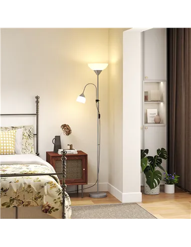 HOMCOM LED Floor Lamp for Living Room, 180cm Tall Standing Lamp, Mother and Child Uplighter with Adjustable Gooseneck, Silver To