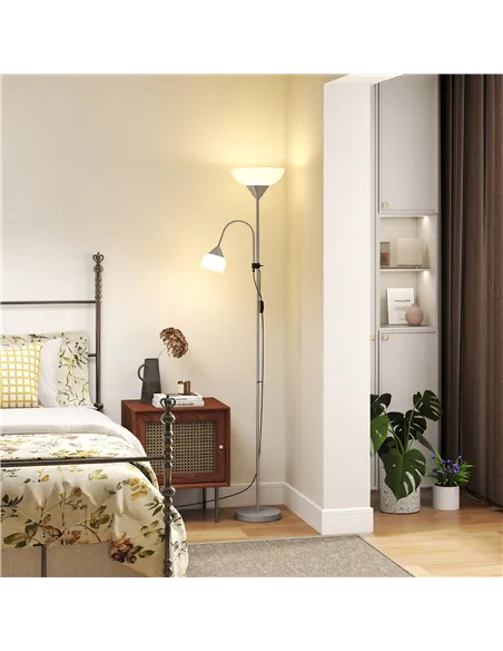 HOMCOM LED Floor Lamp for Living Room, 180cm Tall Standing Lamp, Mother and Child Uplighter with Adjustable Gooseneck, Silver To