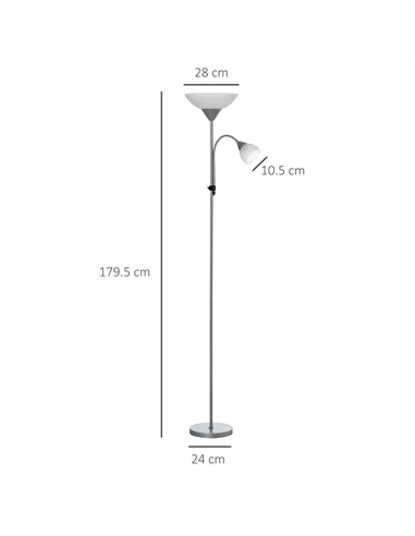 HOMCOM LED Floor Lamp for Living Room, 180cm Tall Standing Lamp, Mother and Child Uplighter with Adjustable Gooseneck, Silver To