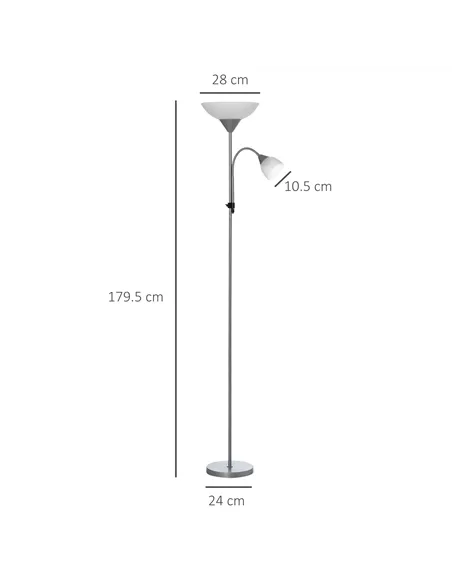 HOMCOM LED Floor Lamp for Living Room, 180cm Tall Standing Lamp, Mother and Child Uplighter with Adjustable Gooseneck, Silver To