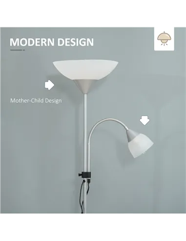 HOMCOM LED Floor Lamp for Living Room, 180cm Tall Standing Lamp, Mother and Child Uplighter with Adjustable Gooseneck, Silver To