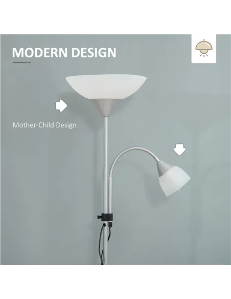 HOMCOM LED Floor Lamp for Living Room, 180cm Tall Standing Lamp, Mother and Child Uplighter with Adjustable Gooseneck, Silver To