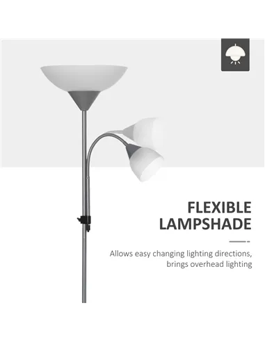 HOMCOM LED Floor Lamp for Living Room, 180cm Tall Standing Lamp, Mother and Child Uplighter with Adjustable Gooseneck, Silver To